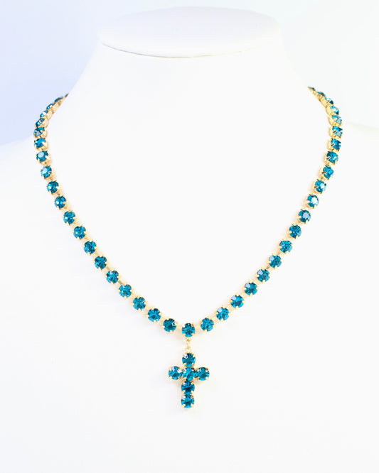 Santa Rosa Rhinestone Cross Necklace Turquoise