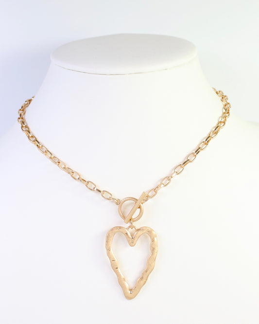 Kris Hammered Heart Toggle Necklace Worn Gold