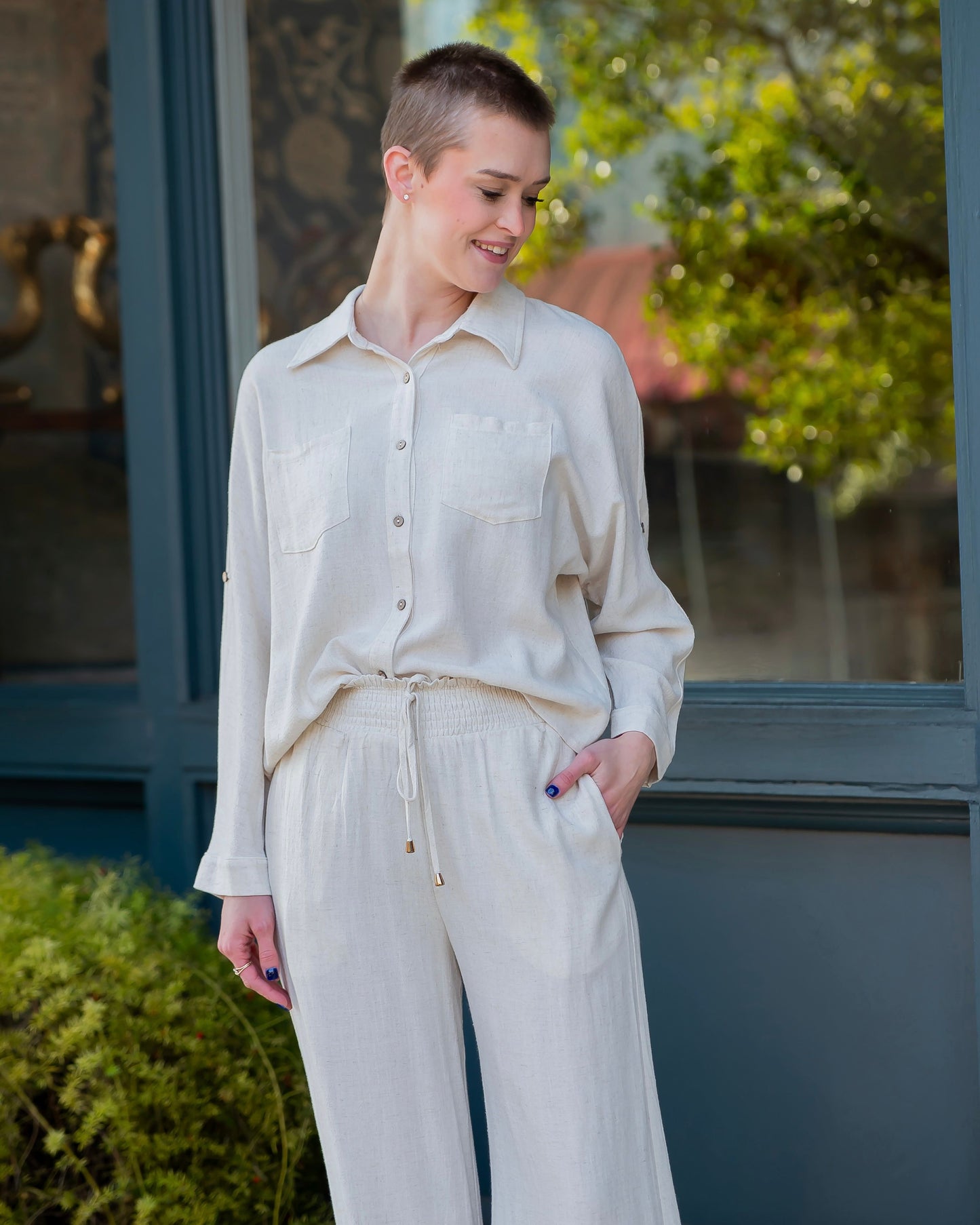 Lola Linen Long Sleeve Button Down Top-Natural