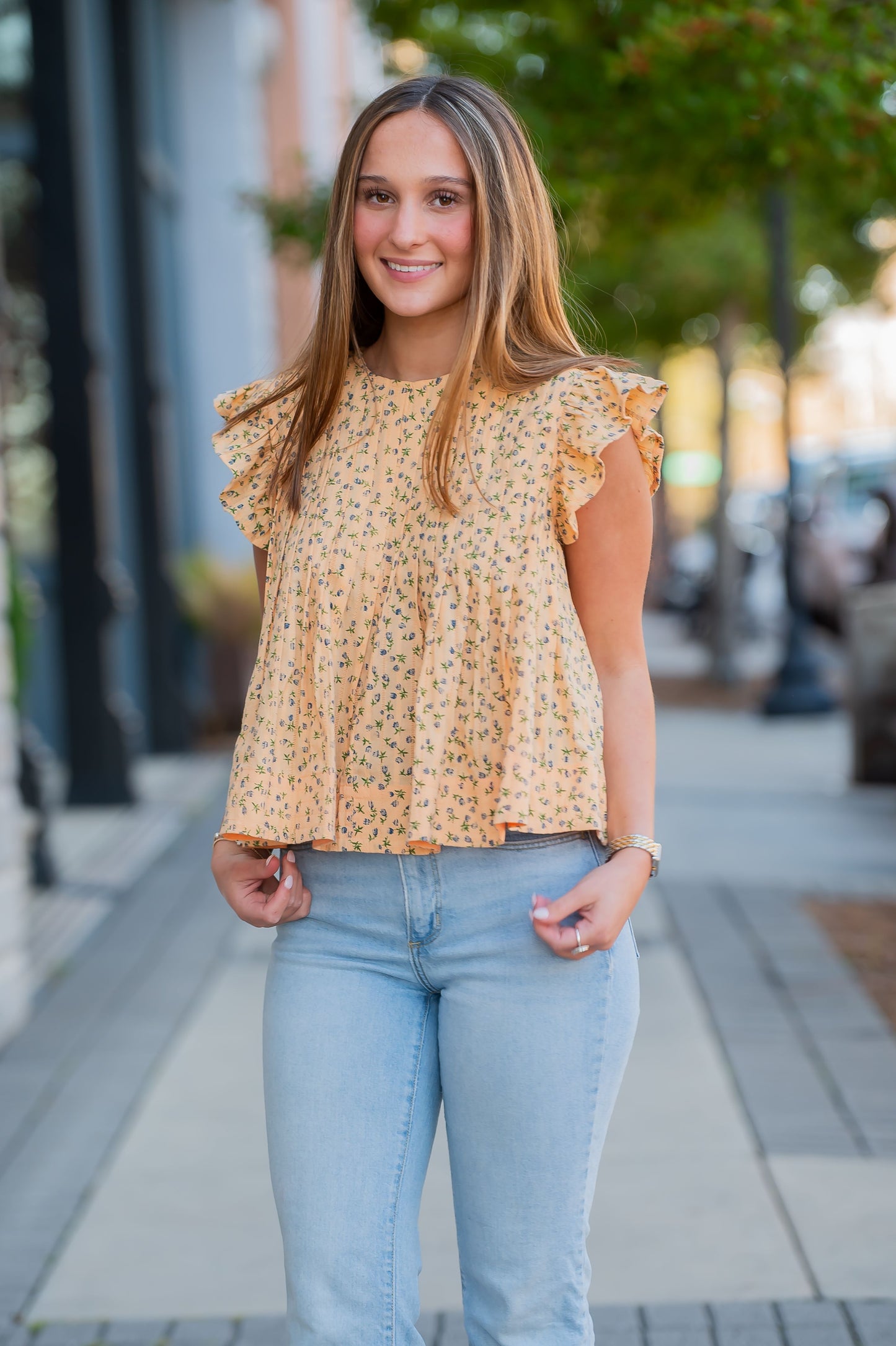 Hopewell Floral Pintuck Ruffle Sleeve Top