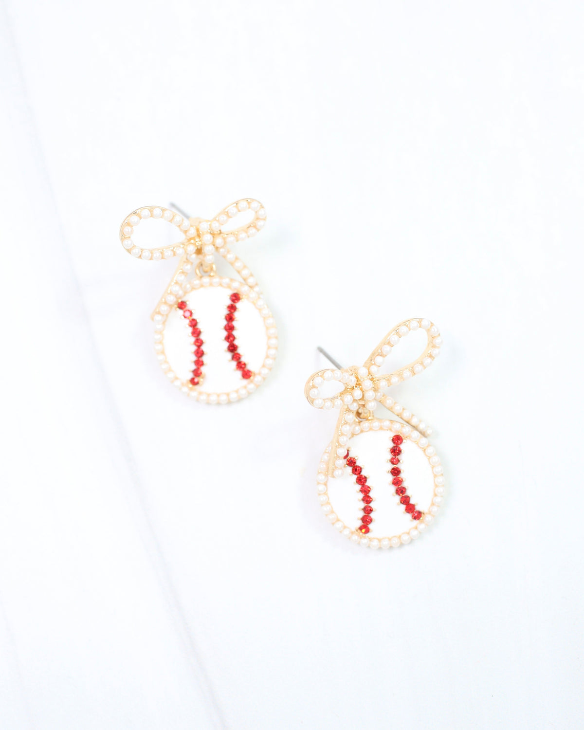 Homerun Pearl Bow Ball Earring Red White