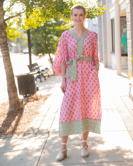 Soraya Floral Print 3/4 Sleeve Midi Dress-Pink