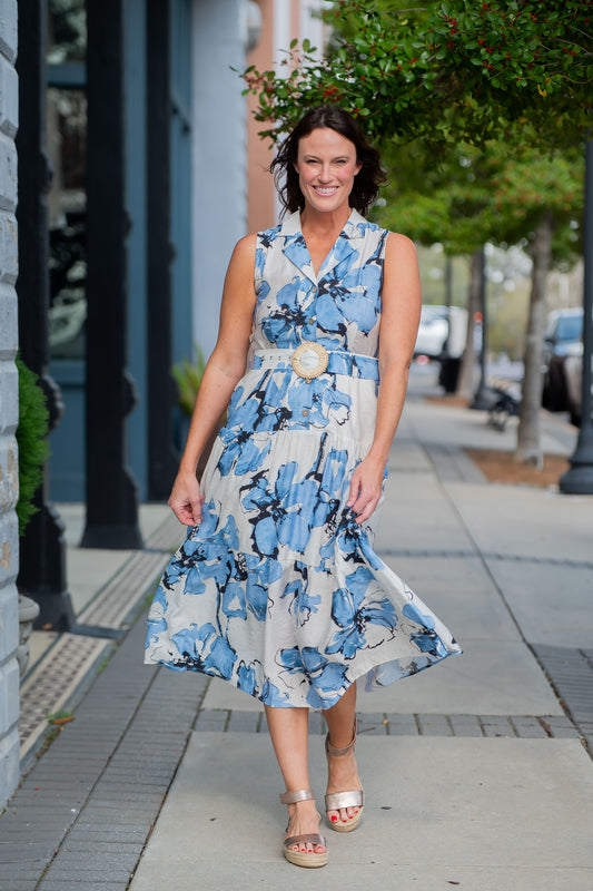Dubois Floral Sleeveless Belted Dress