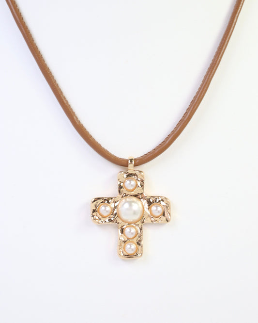 Boone Pearl Cross Cord Necklace Gold