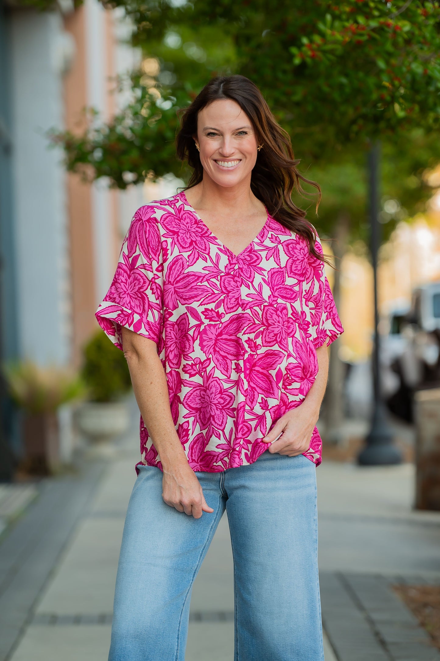 Maryville Drop Shoulder Floral Top-Fuchsia