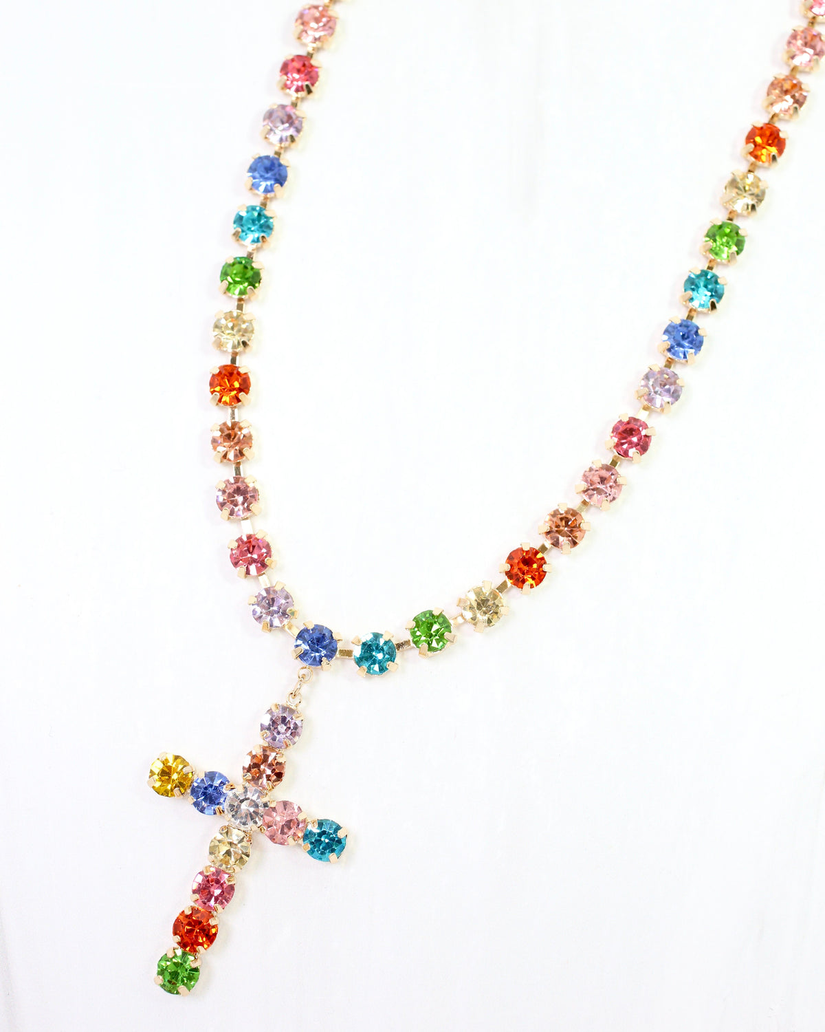 Melinda Crystal  Cross Necklace Lavender Multi
