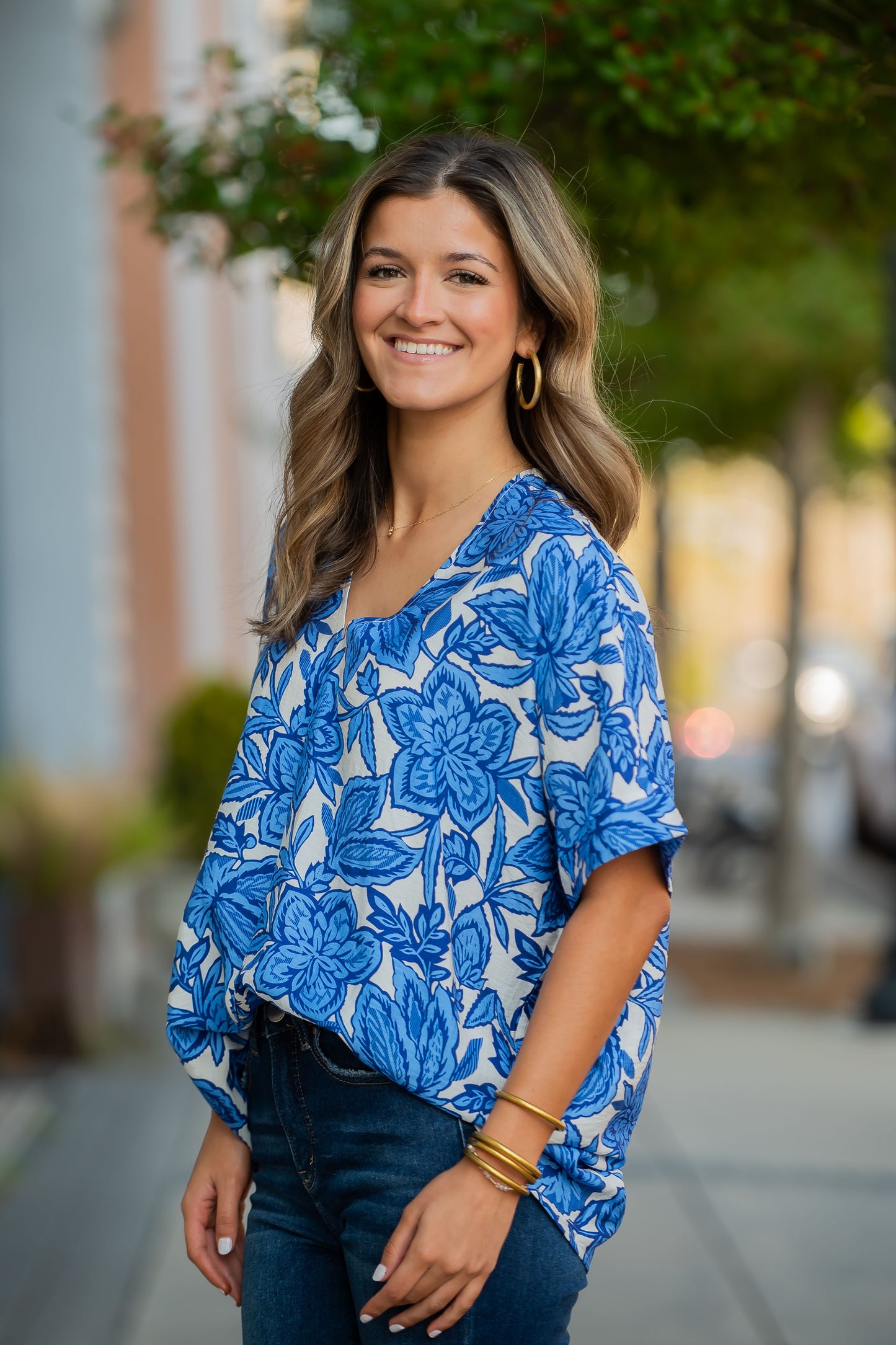 Maryville Drop Shoulder Floral Top-Blue