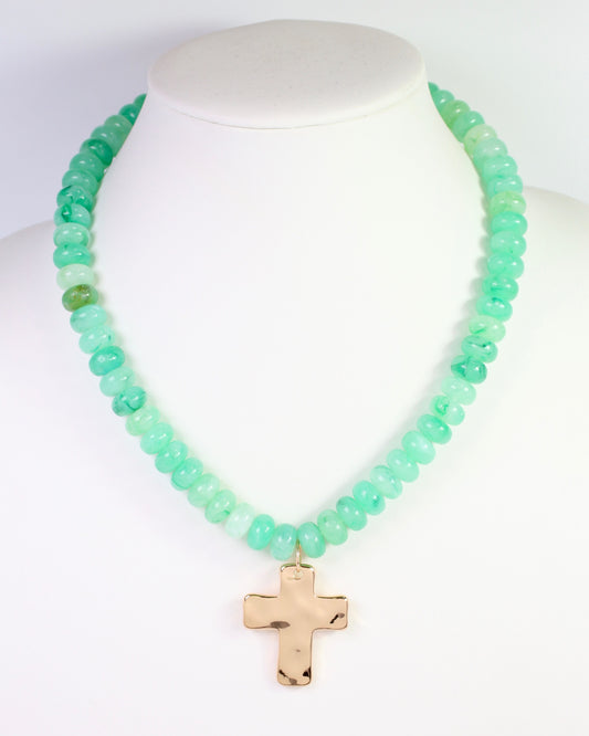 Spezia Beaded Hammered Cross Necklace Mint