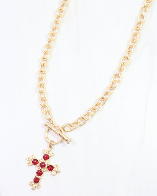 Moriah Cross Pendant Toggle Necklace Garnet