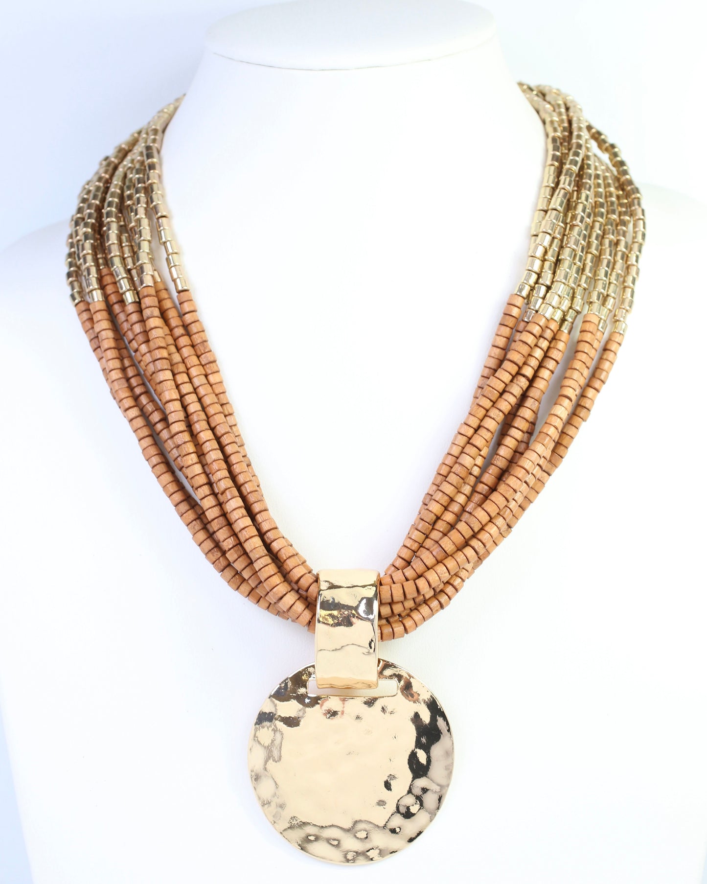 Marbella Layered Wooden Bead Necklace with Pendant Brown