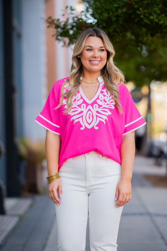 Florissant Embroidered Top-Hot Pink