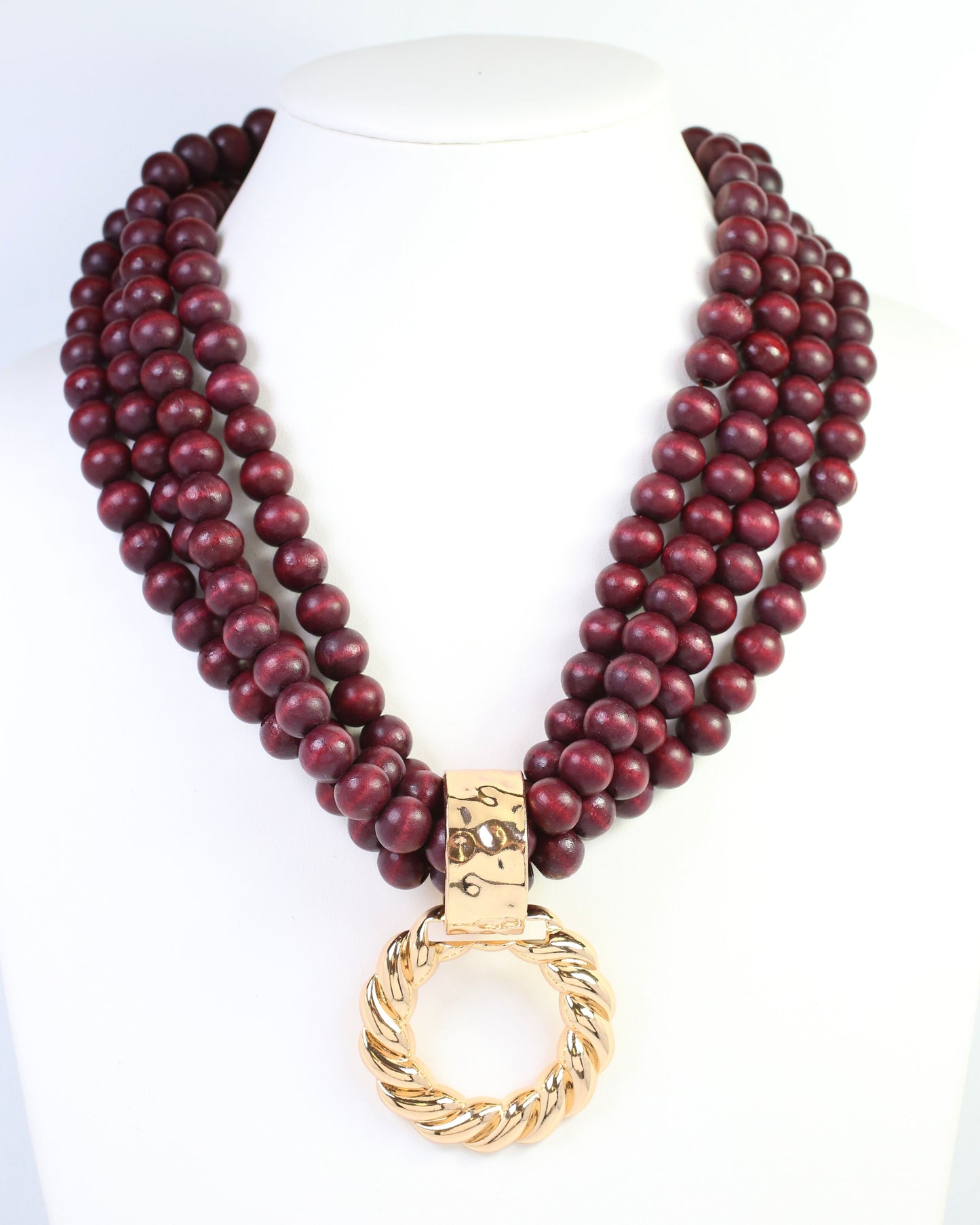 Margaux Wooden Bead Layered Necklace with Pendant Burgundy