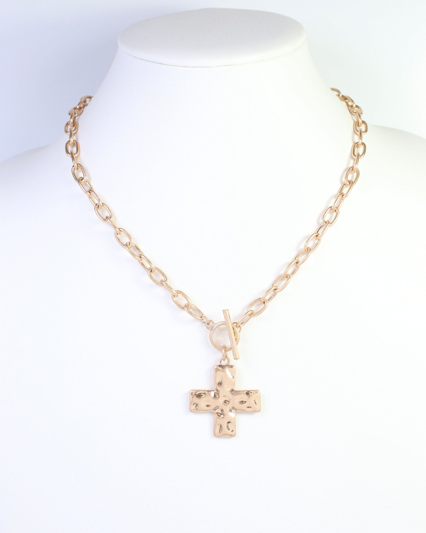 Cassie Hammered Cross Toggle Necklace Worn Gold