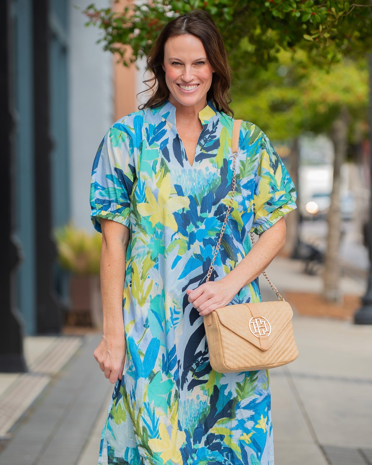 Violet Leaf Print Dolman Sleeve Dress