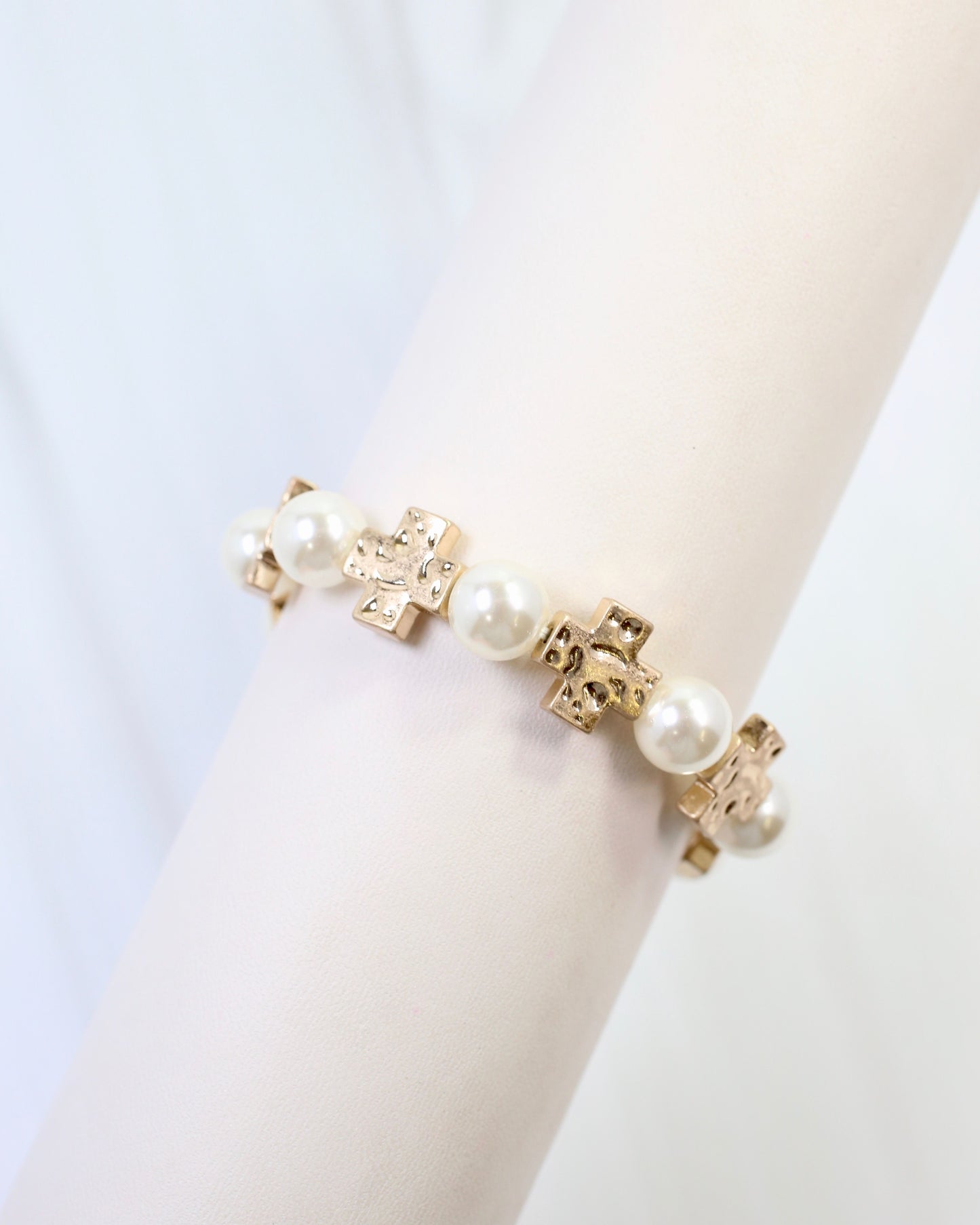 Lansing Pearl and Cross Stretch Bracelet Worn Gold