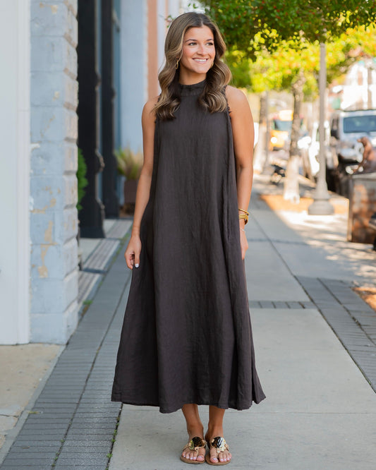 Madrid Mock Neck Linen Dress - Chocolate