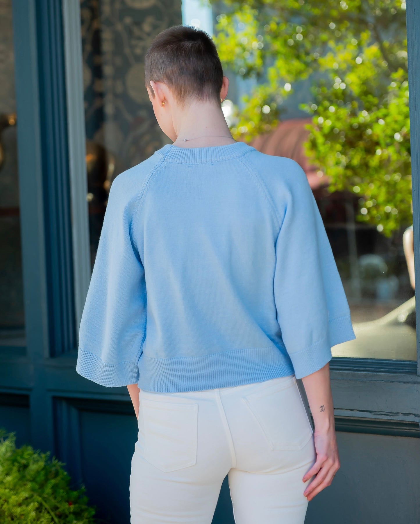 Creek Raglan 3/4 Sleeve Sweater Knit Top-Light Blue