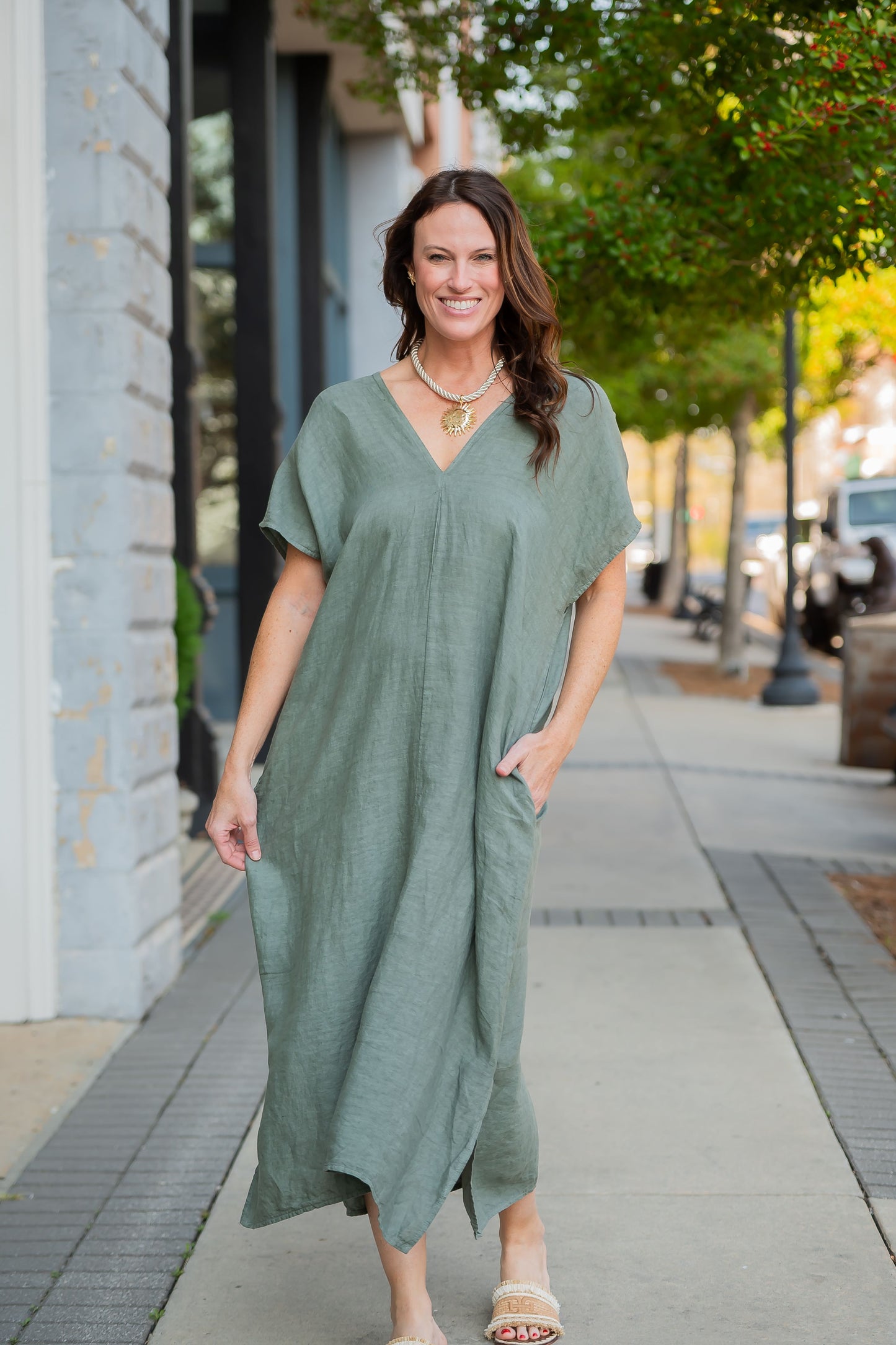 Thea Linen V-Neck Caftan Dress