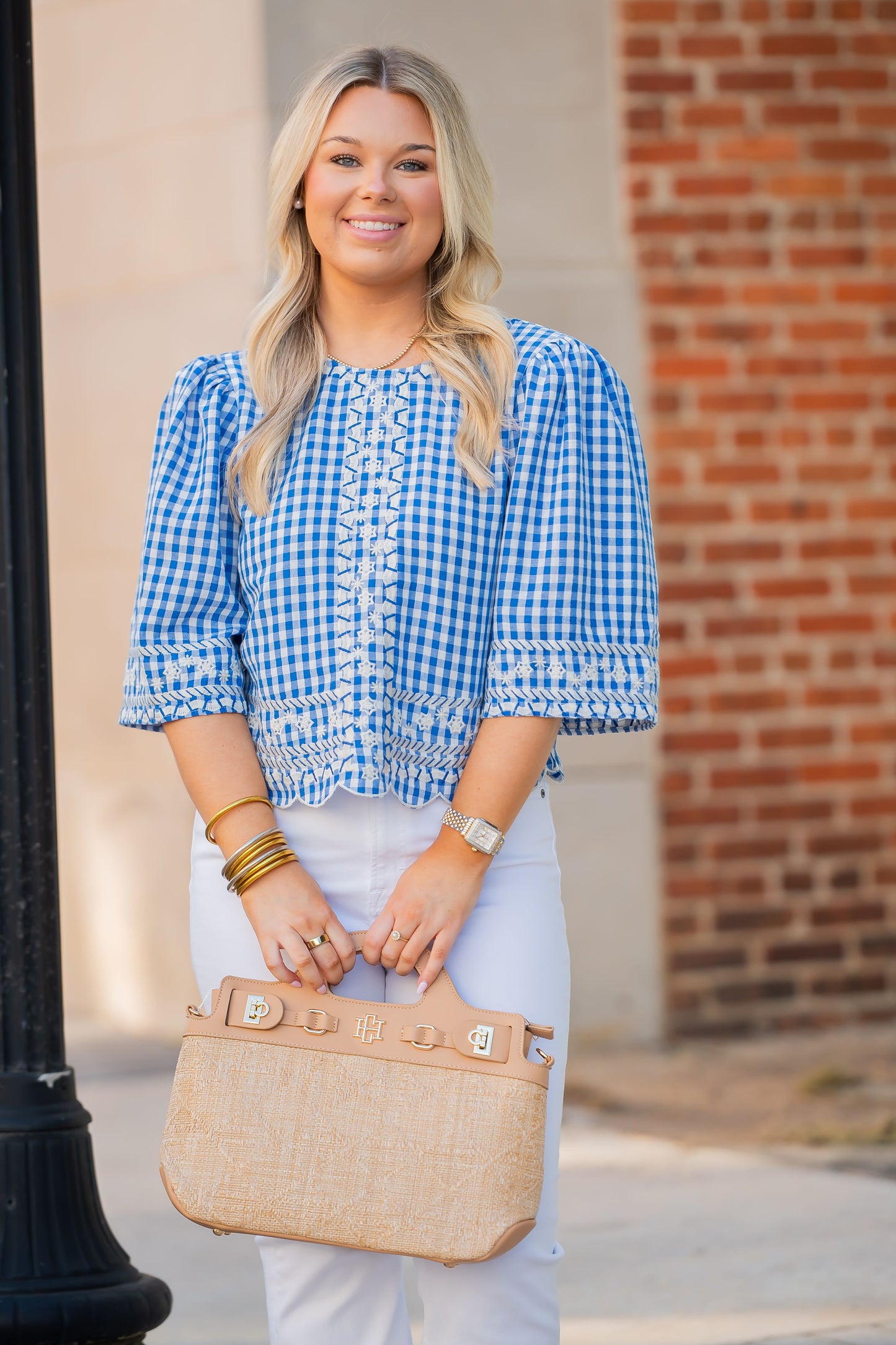 Galena Gingham Print Embroidery Top