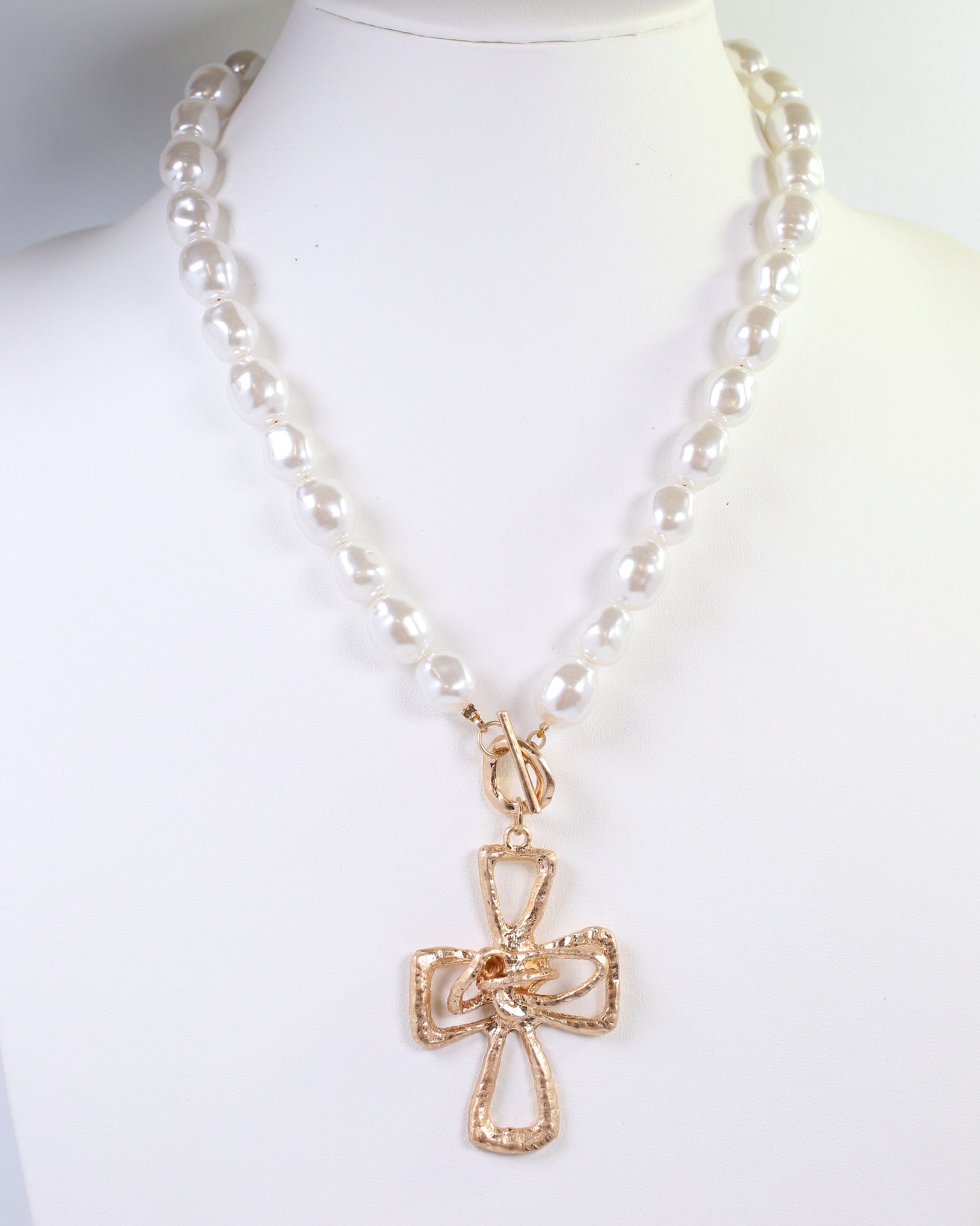 Brylee Pearl Beaded Cross Pendant Necklace Worn Gold