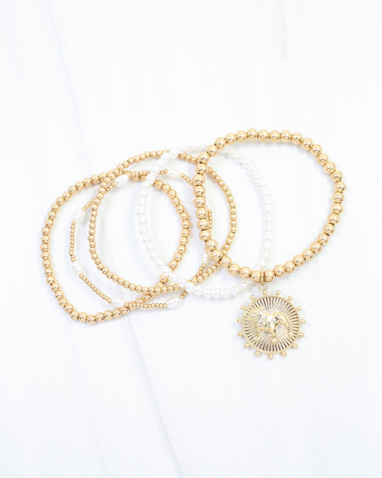 Carmen Coin Beaded Bracelet Set Standing Dog Worn Gold