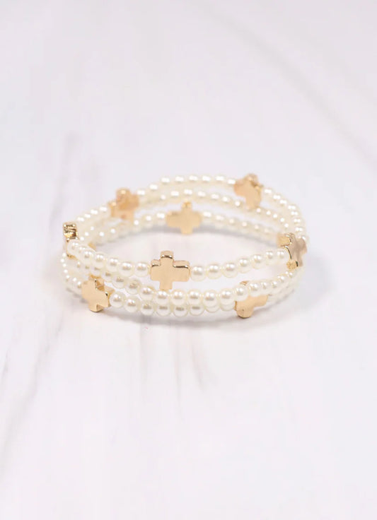 Meynell Cross Pearl Bracelet Set Cream