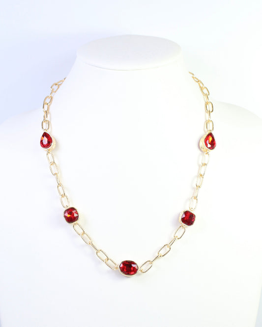 Elena Hammered Crystal Link Necklace Red