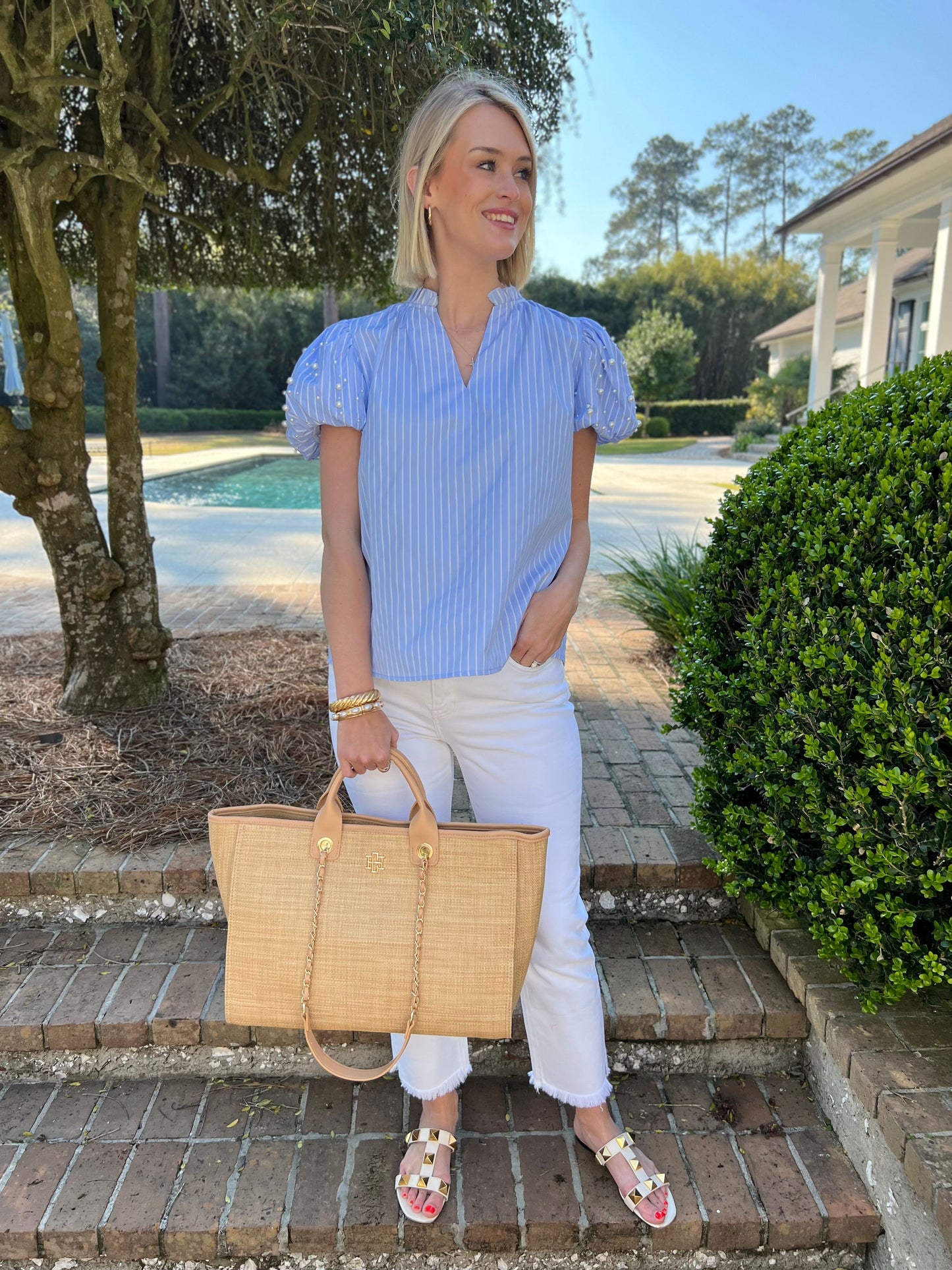 Meeting Time Blue Stripe Short Sleeve Top