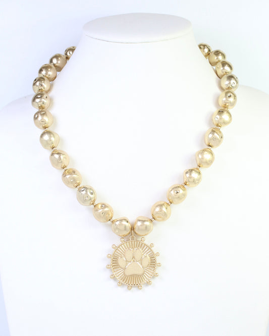 Carmen Beaded Coin Necklace-Paw Print Worn Gold