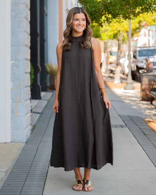 Madrid Mock Neck Linen Dress - Chocolate