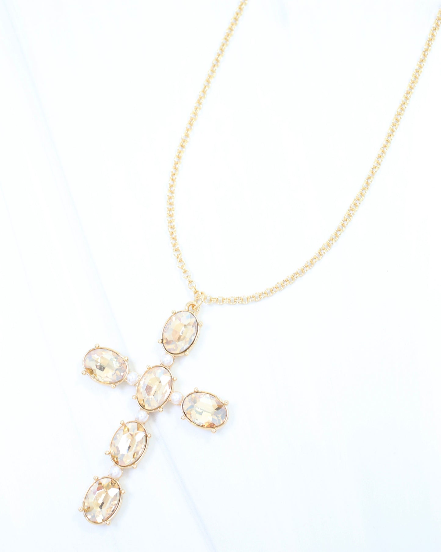 Gregory Glass Stone Cross Necklace Champagne