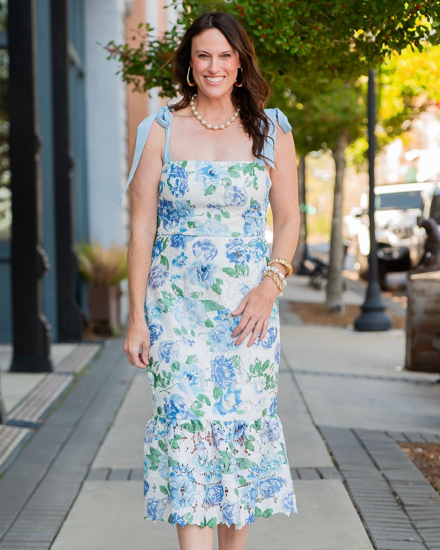 Sadie Floral Lace Bow Shoulder Dress