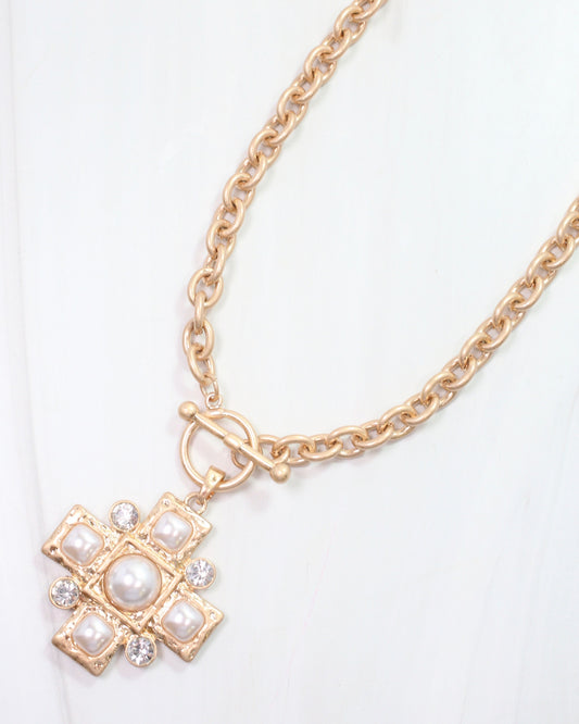 Elizabet Pearl Cross Necklace Worn Gold