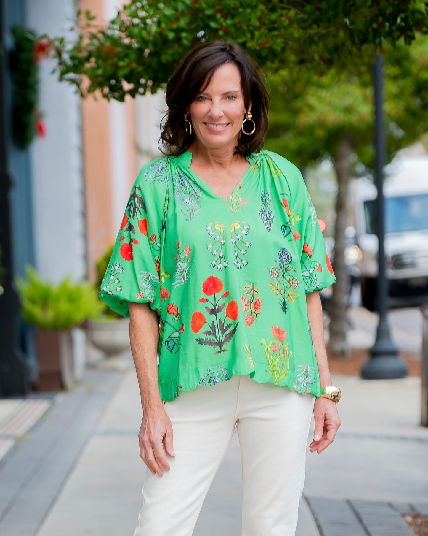 Coralville Floral Print Top-Green Mix