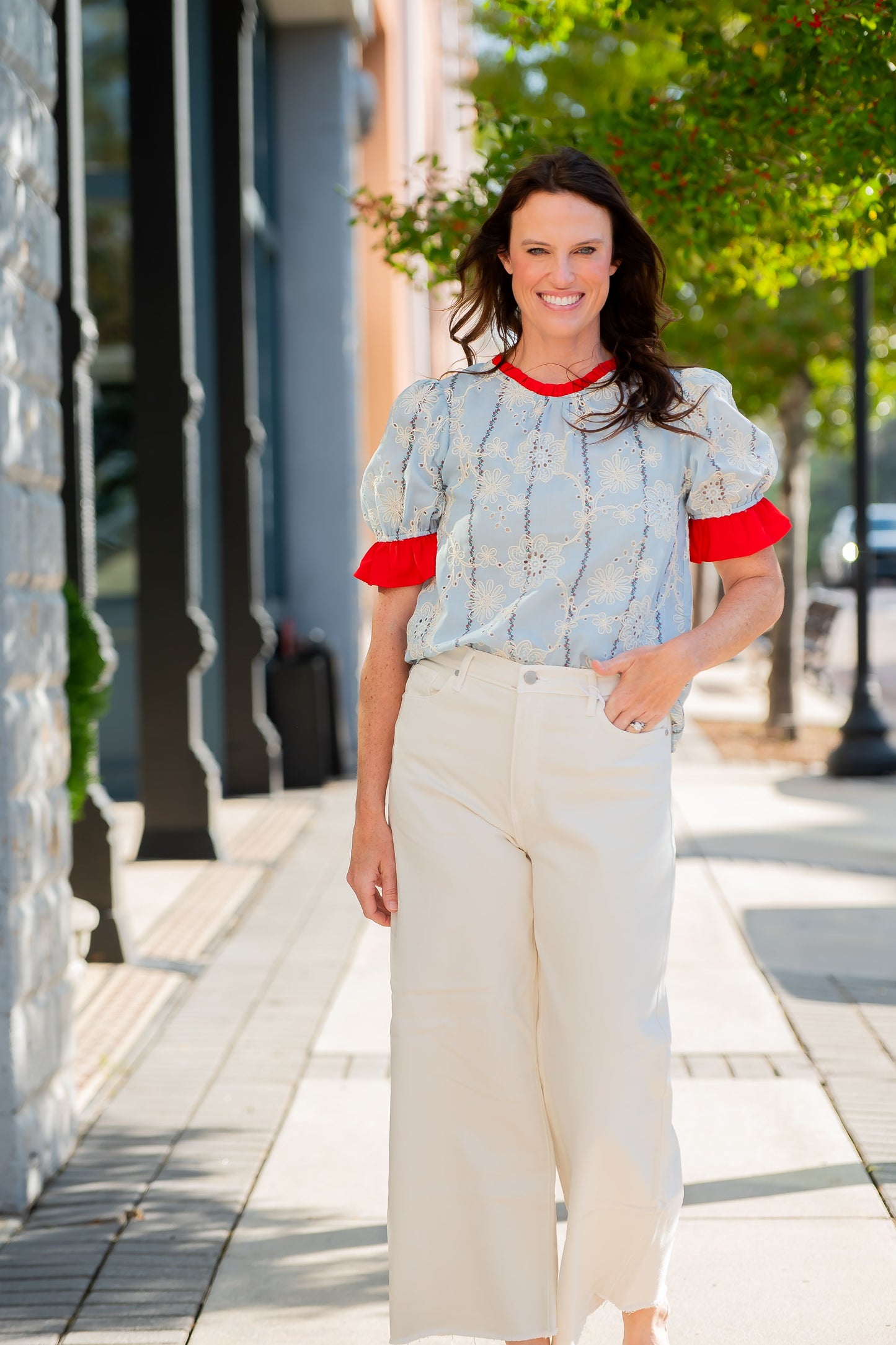 Hervie Ruffled Detail Floral Eyelet Embroidered Top