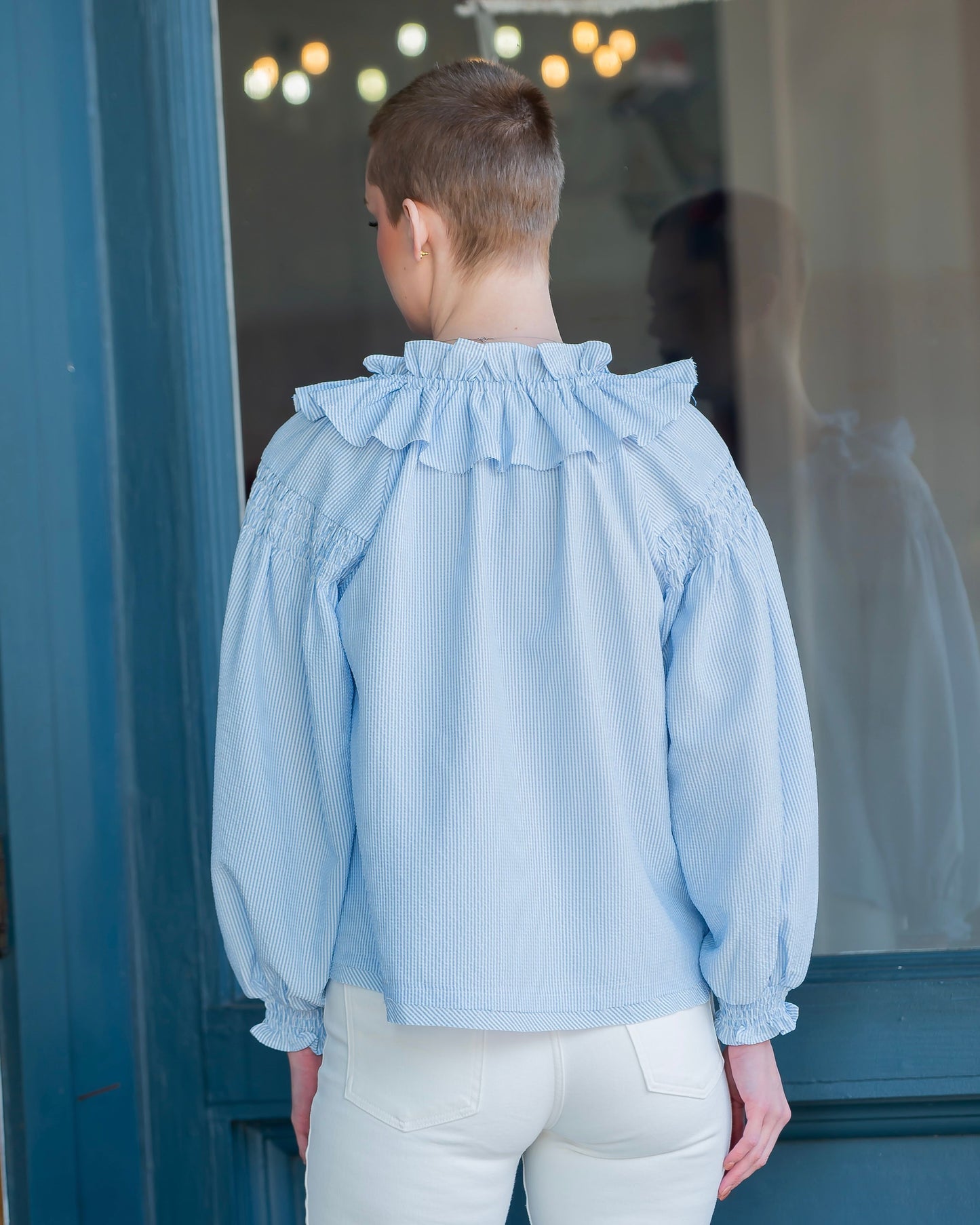 Freeport Pinstripe Ruffled Collared Blouse