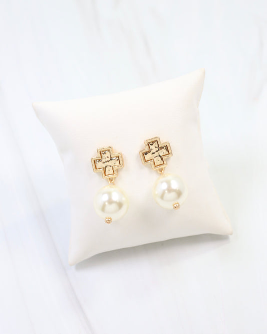 Saint Cloud Cross and Pearl Earring Gold