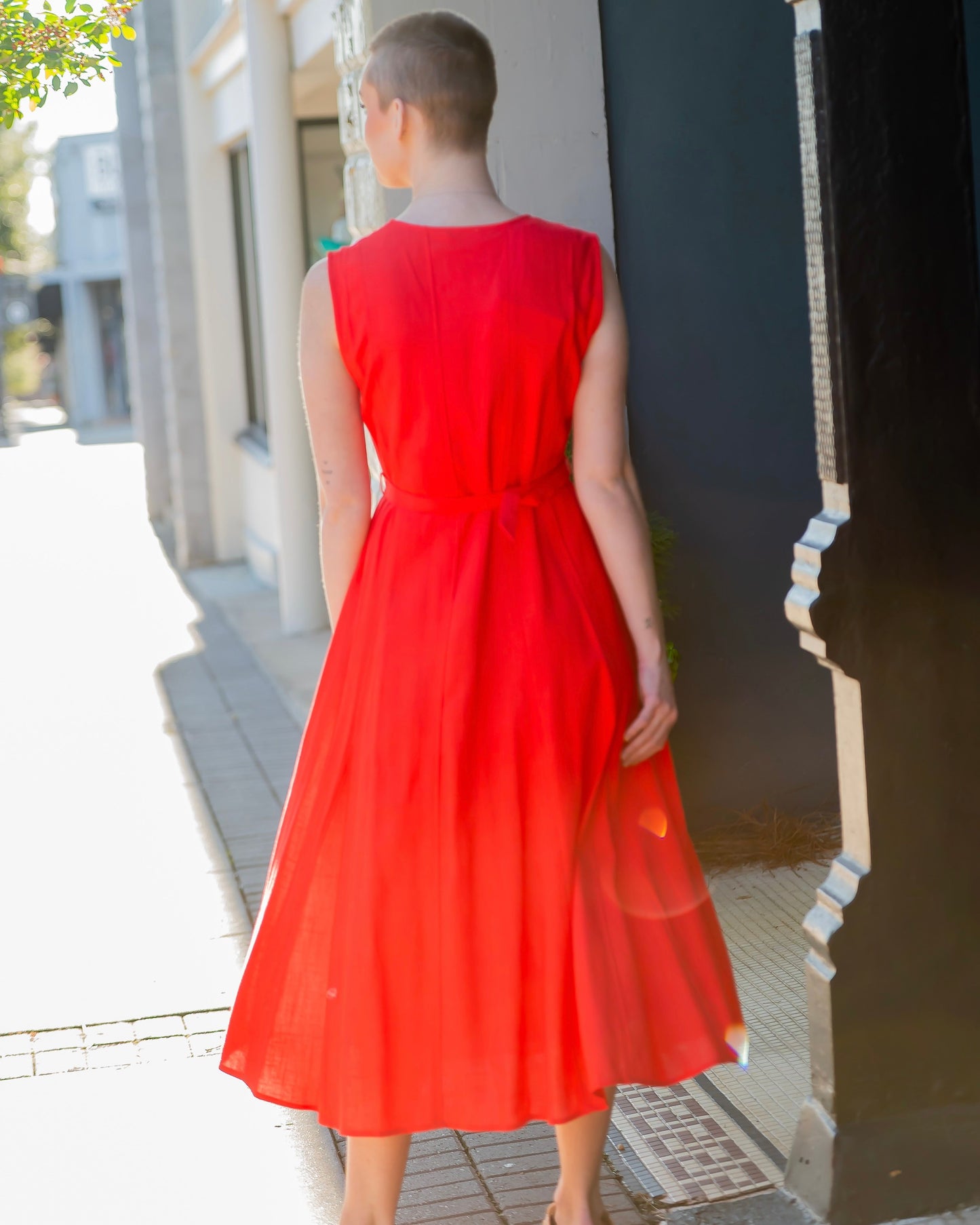 Blossom Red Linen Belted Dress