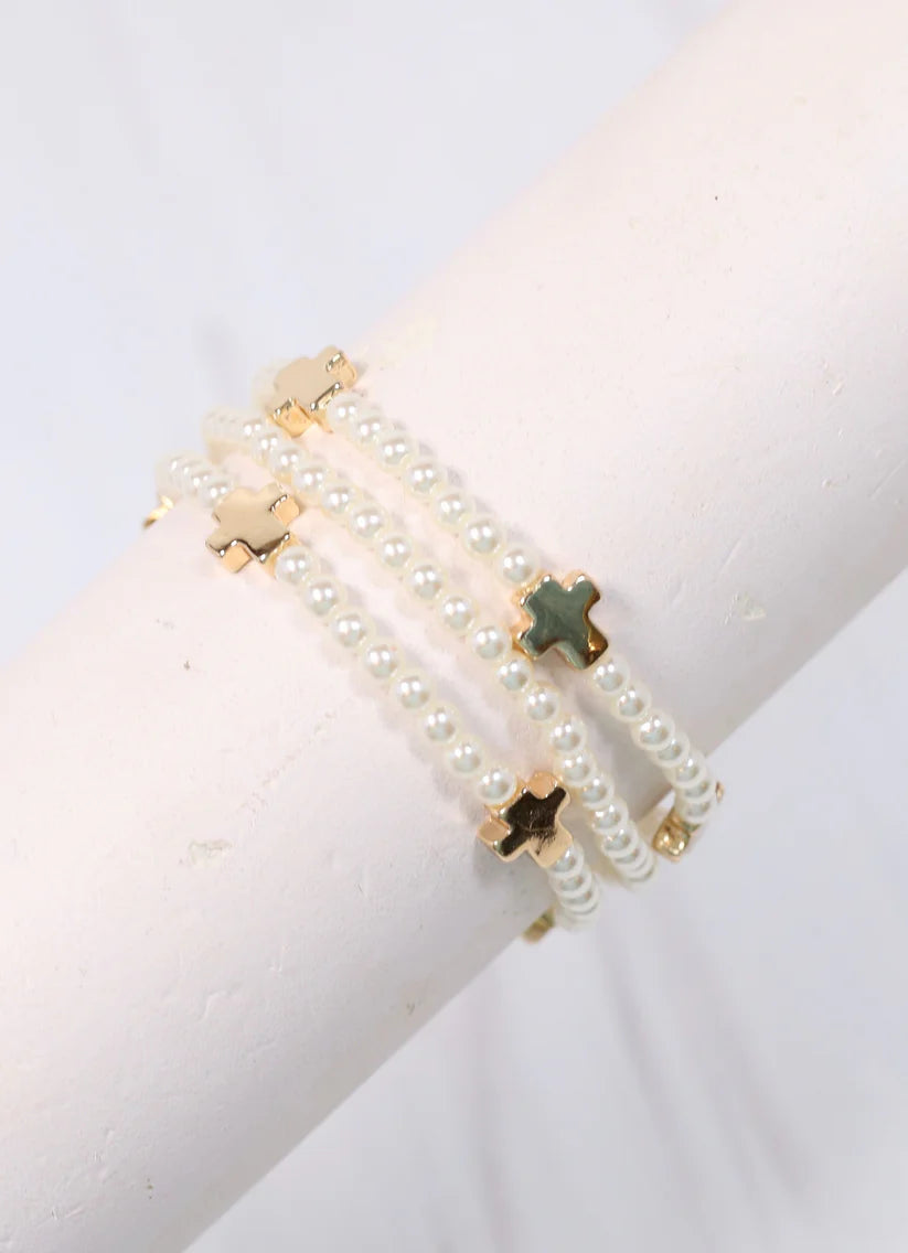 Meynell Cross Pearl Bracelet Set Cream