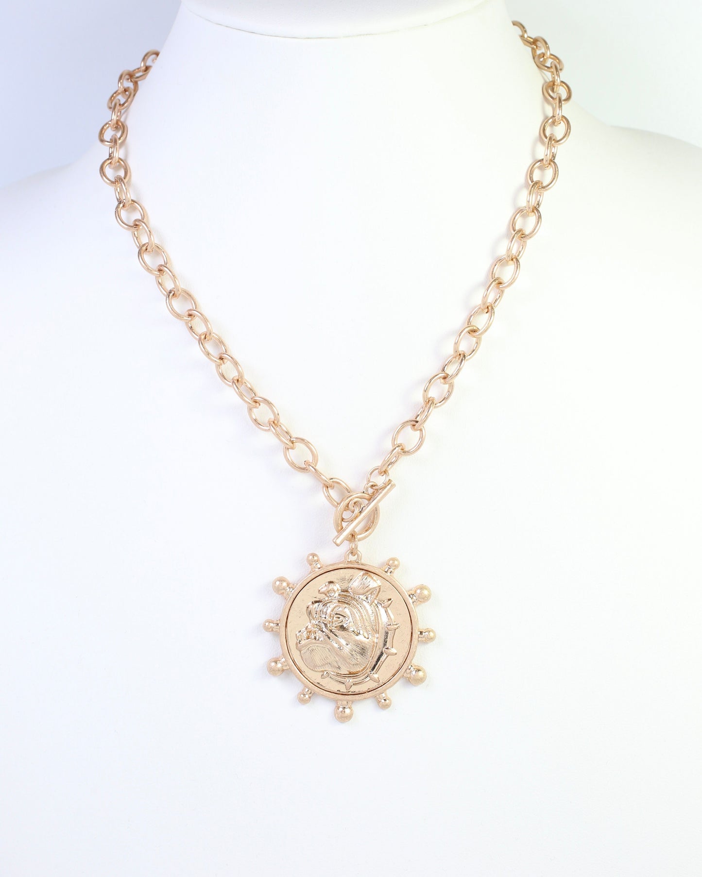 Collin Dog Coin Toggle Necklace Worn Gold