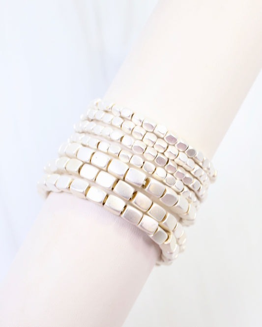 Durham Square Beaded Stretch Bracelet Set Matte Silver