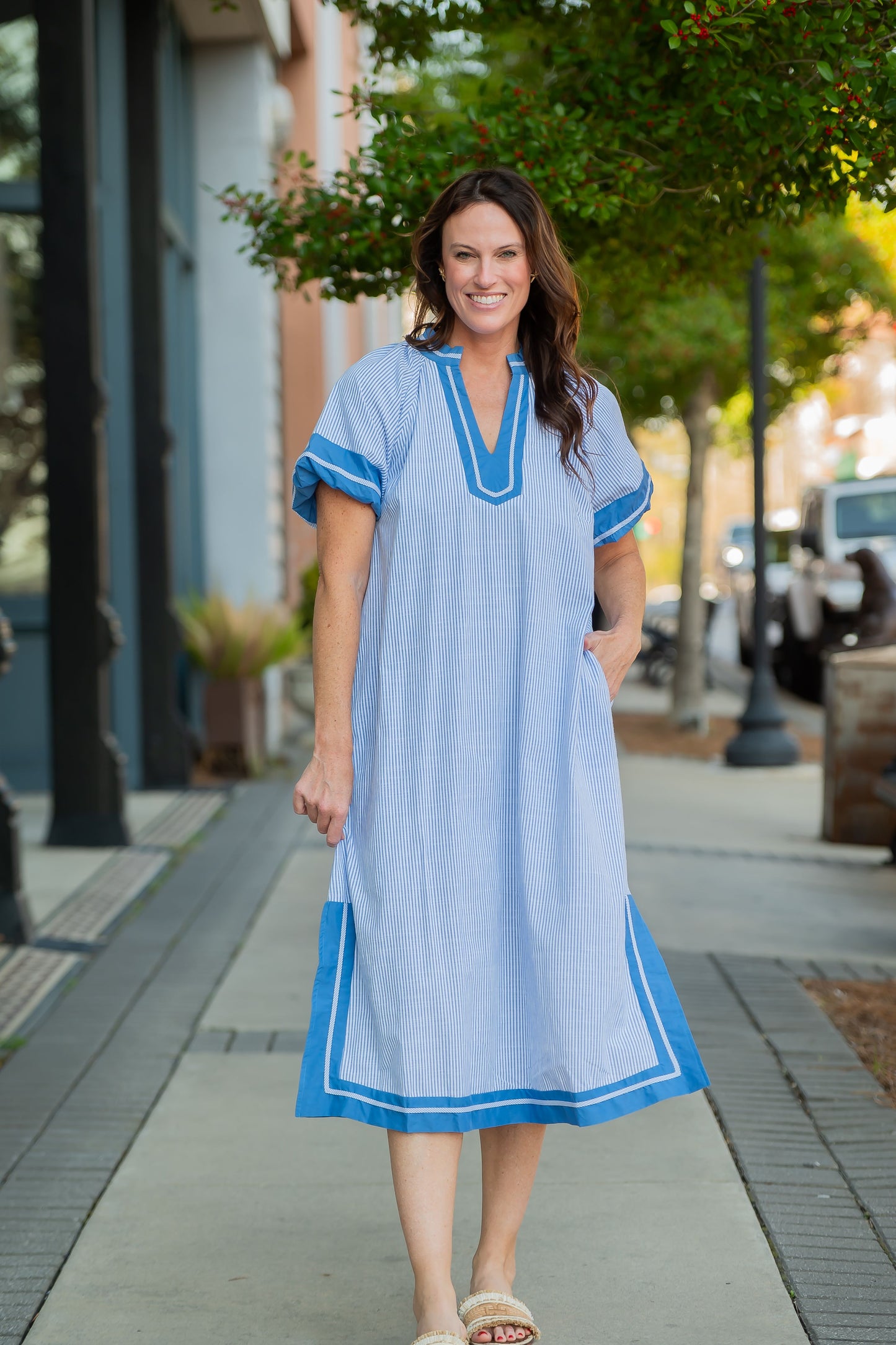 Jade Pinstripe Contrast Trim Midi Dress