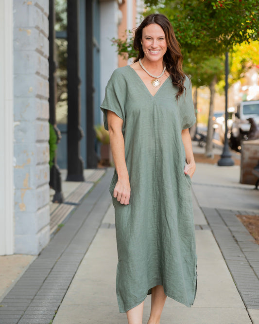 Thea Linen V-Neck Caftan Dress