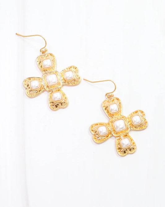 Palazzo Pearl and Gold Cross Earring Worn Gold