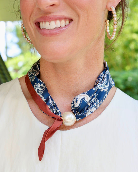 Robyn Magnetic Pearl Scarf Necklace Navy Paisley