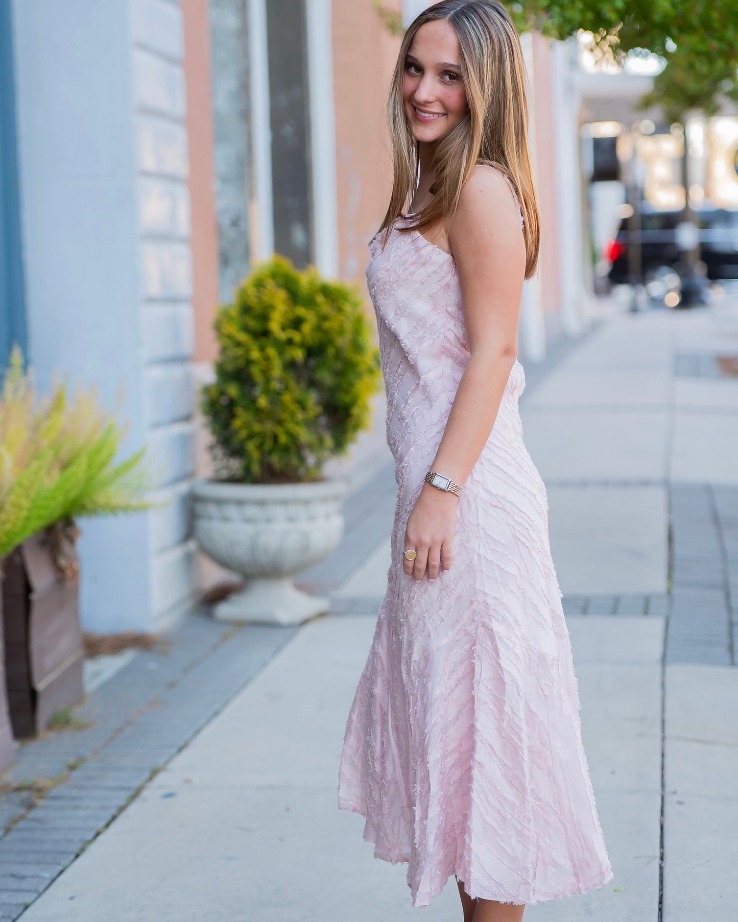 Wells Textured Diagonal Fringe Midi Dress