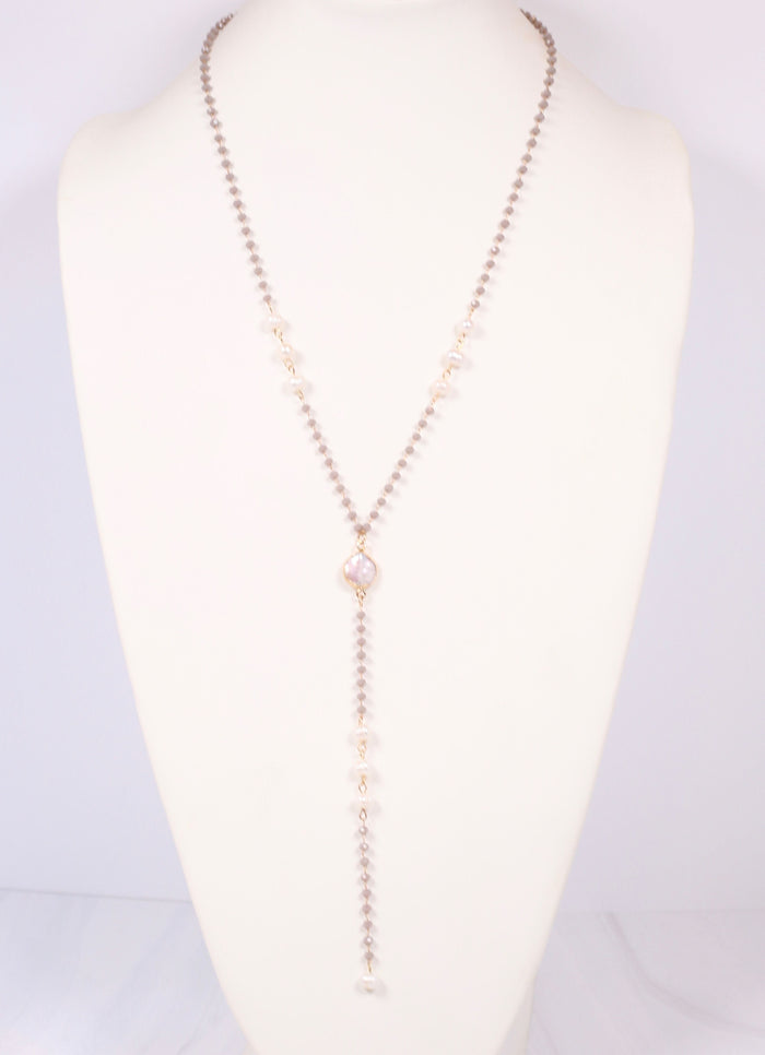 Anders Bead and Pearl Y Necklace GRAY - Caroline Hill