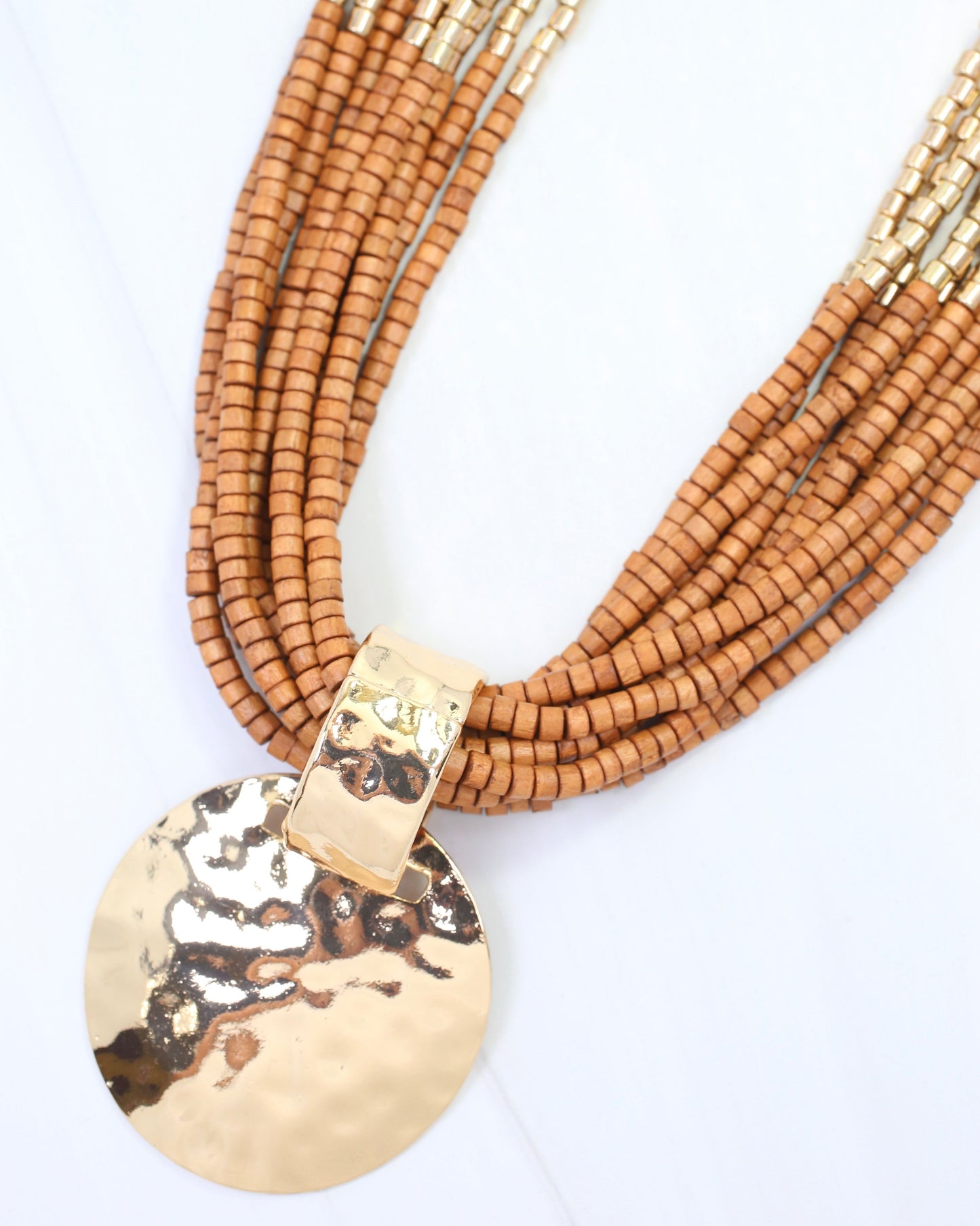 Marbella Layered Wooden Bead Necklace with Pendant Brown