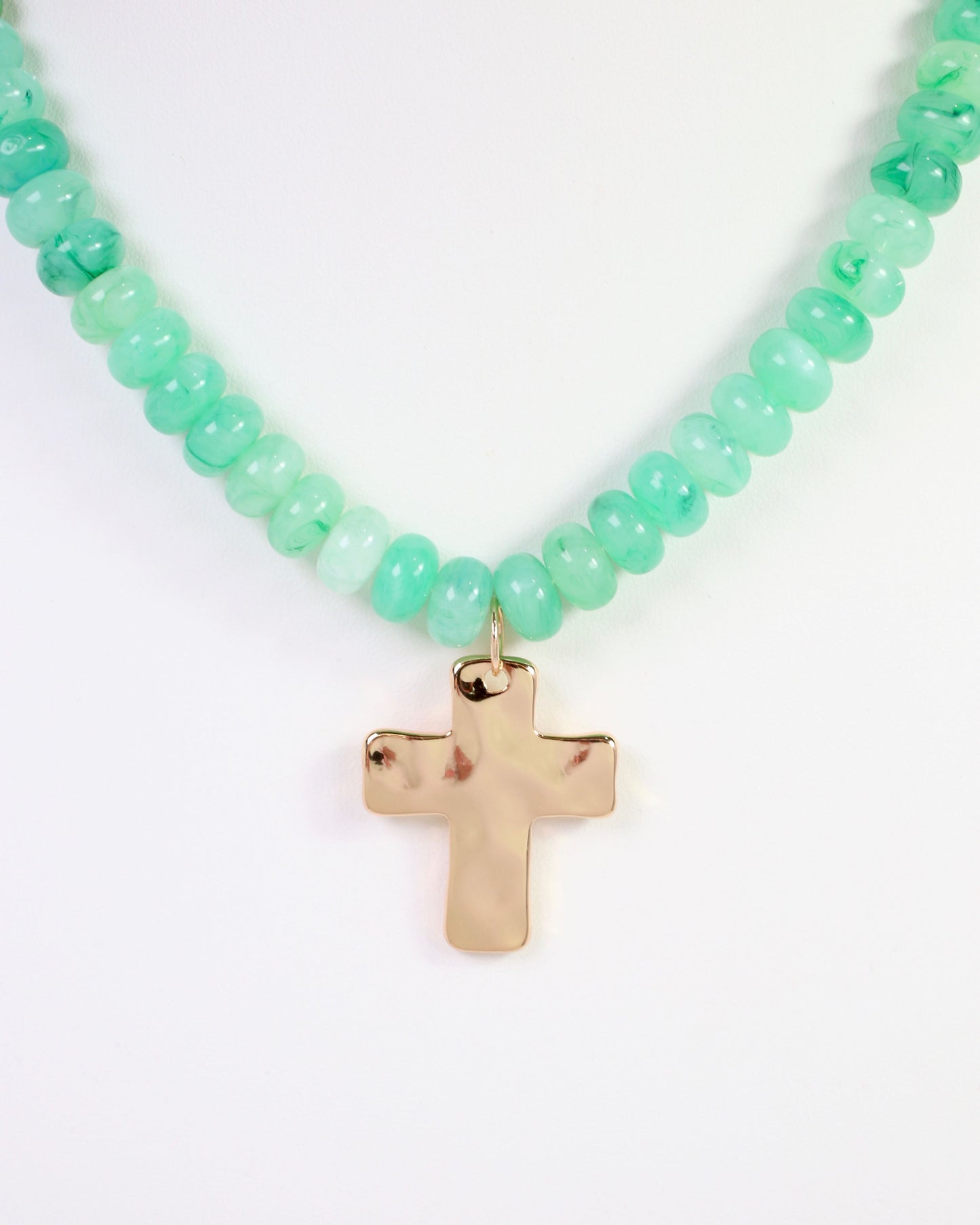 Spezia Beaded Hammered Cross Necklace Mint