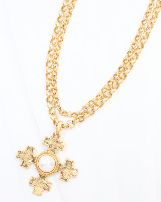 Highgrove Double Chain Cross Pendant Necklace Pearl